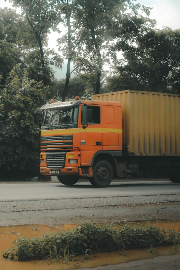 An orange semi truck driving on a tree-lined road, emphasizing the harmony of nature and transport.